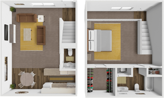 two layouts of a house with a bedroom and a living room