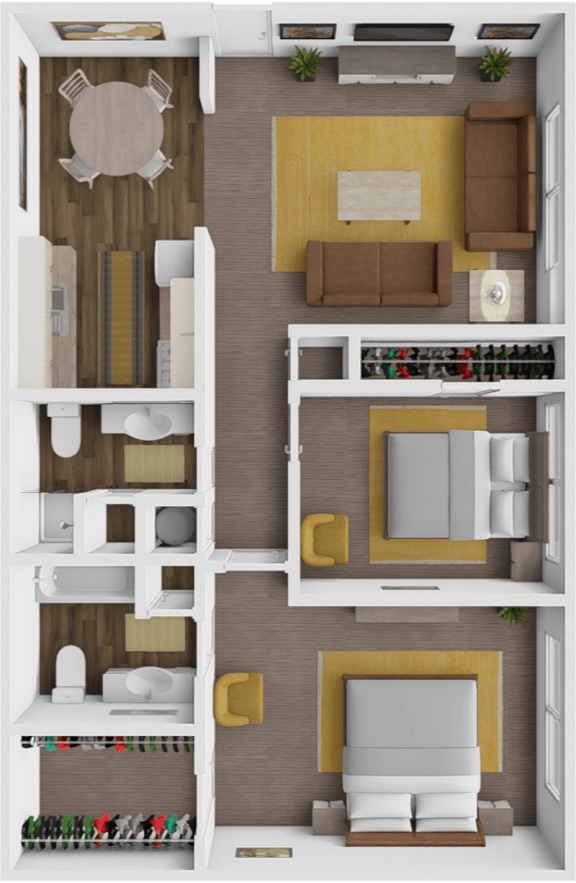 Floor Plan  a 3d rendering of the interior of a house with a bedroom and living room