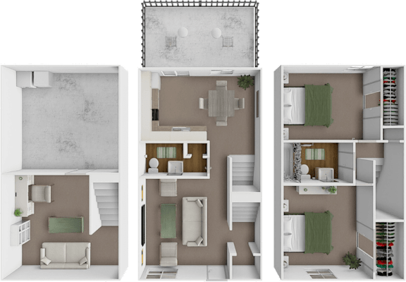 A 3D floor plan of a house with three different layouts.