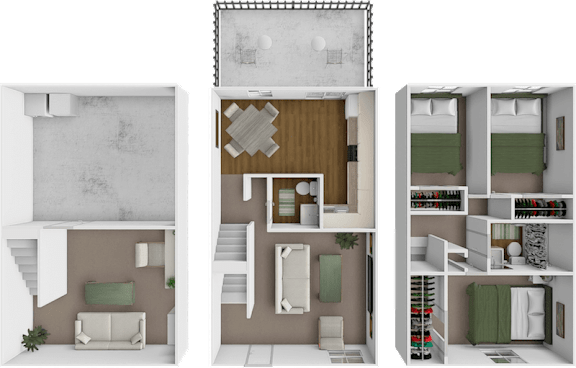 A 3D floor plan of a house with a living room, kitchen, and bedrooms.