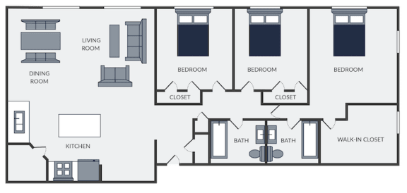 3 bedroom apartment floor plan with walk in closet