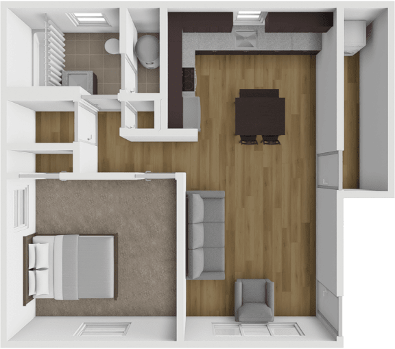 a 3d rendering of a living room and dining room with wood flooring
