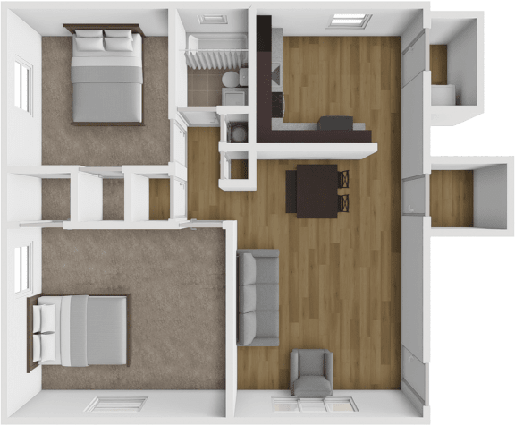 an overhead view of a room with a bedroom and a living room