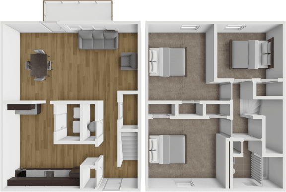 a split image of a bedroom and a living room with a wood floor