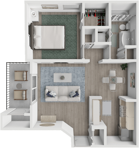 A 3D rendered image of a modern apartment layout.