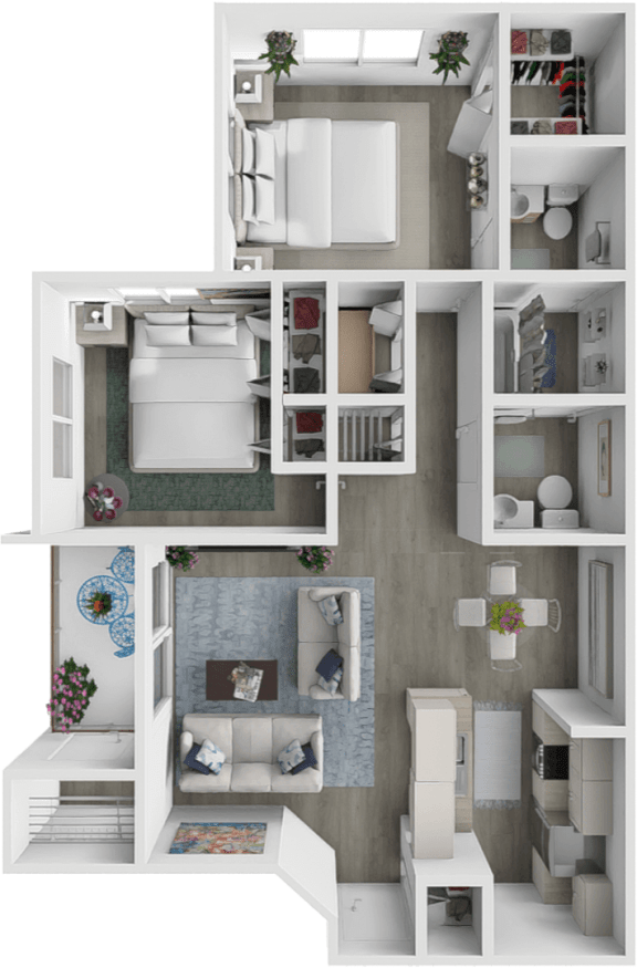 a 3d rendering of a furnished floor plan with a bedroom and a bathroom