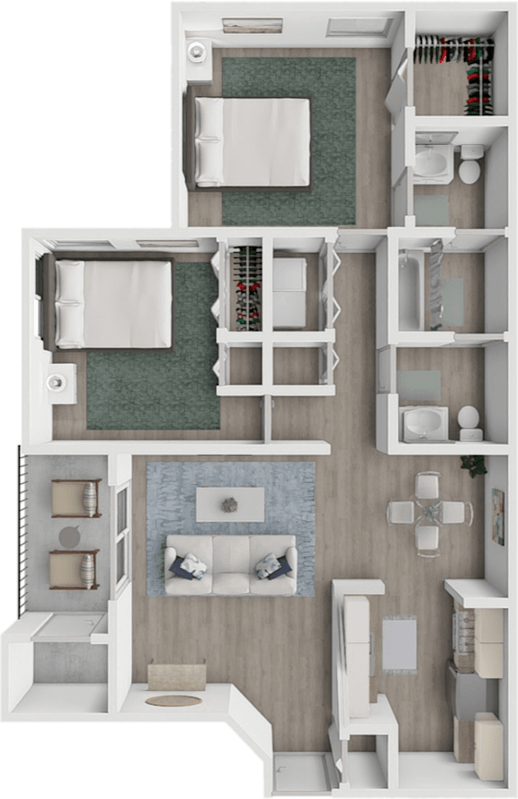 A 3D rendered image of a small apartment layout.
