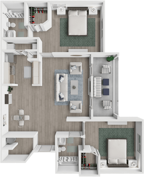 A 3D floor plan of a house with multiple rooms and furniture.