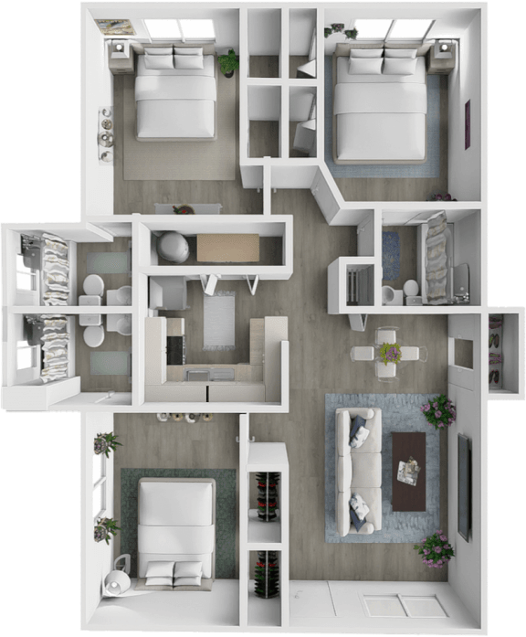 a 3d rendering of a floor plan with bedrooms and a bathroom