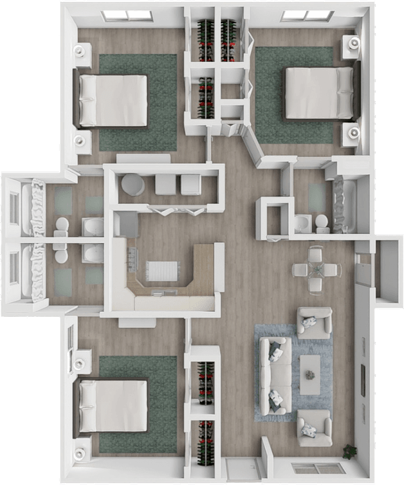 A 3D floor plan of a house with multiple rooms and furniture.