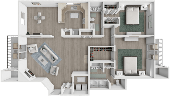 Floor Plan  A 3D floor plan of a house with multiple rooms and furniture.