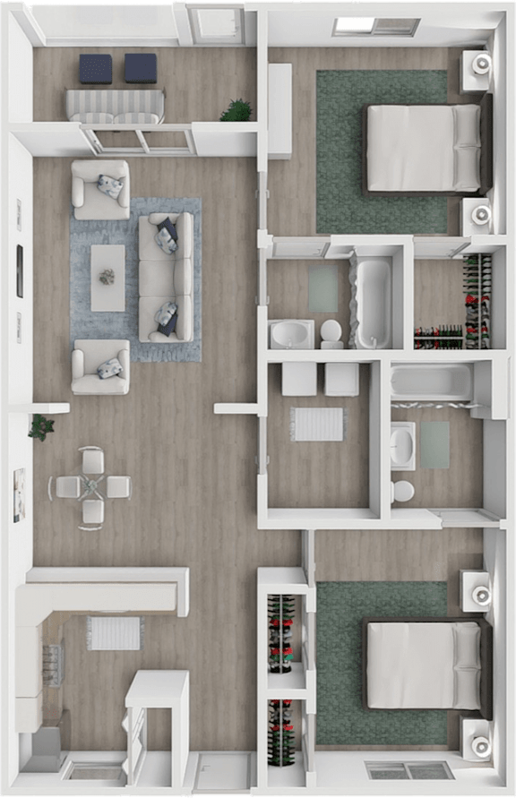A top-down view of a small apartment with a kitchen, living room, and bathroom.