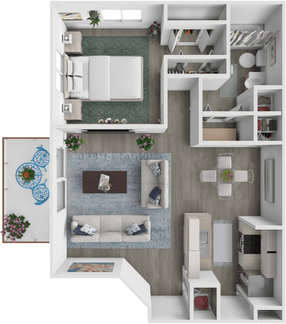 a 3d rendering of a floor plan with a bedroom and living room