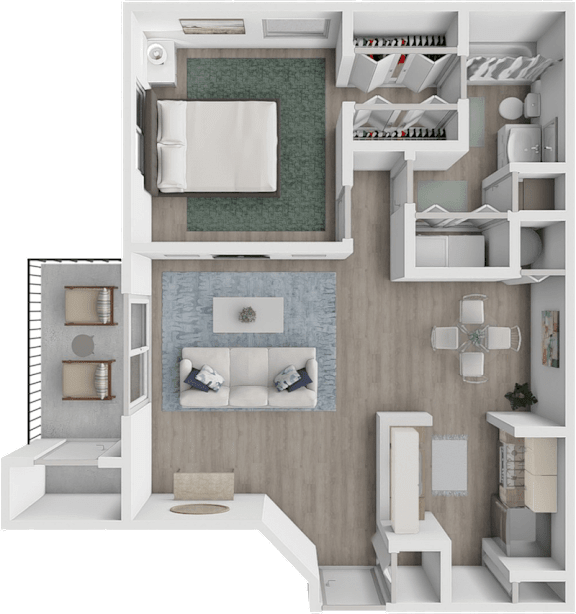 A 3D floor plan of a small apartment with a kitchen, living room, and bedroom.