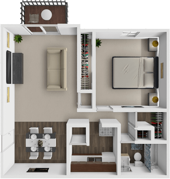 A 3D floor plan of a small apartment with a kitchen, living room, and bedroom.