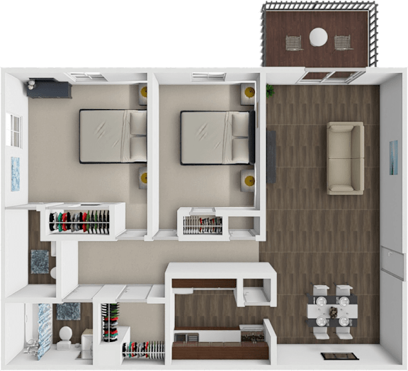 A 3D rendered image of a modern, minimalist kitchen and living room.