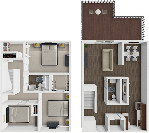 A 3D rendered image of two different house layouts.