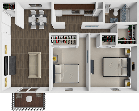 A top-down view of a small apartment with a bedroom, living room, and kitchen.