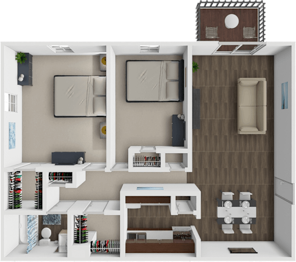A 3D rendered image of a small apartment layout with a kitchen, living room, and bedroom.