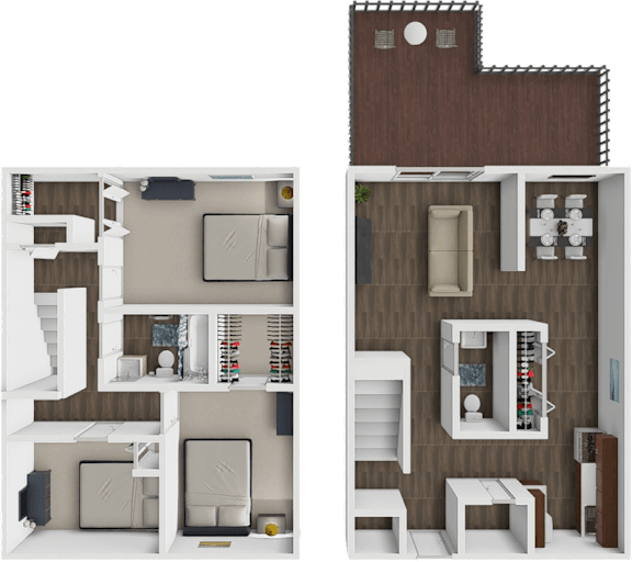 A 3D floor plan of a two-bedroom apartment.