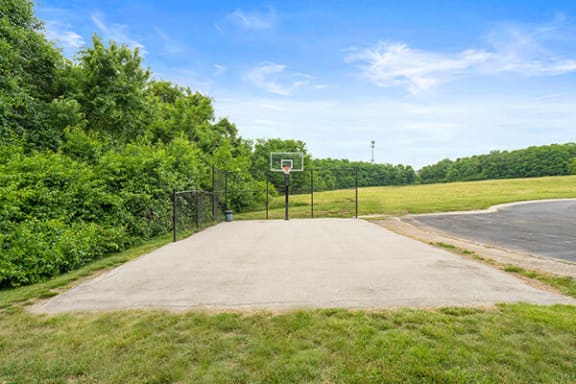 a basketball court in the middle of a field
