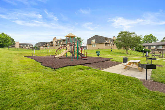 a park with a playground and a picnic table