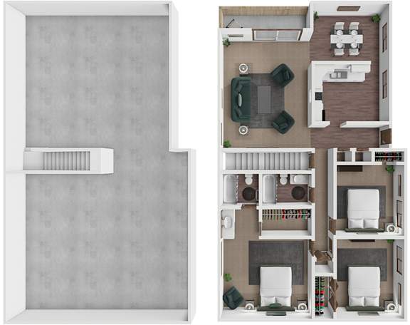 Floor Plan  3 bedroom 2 bathroom apartment at The Oaks at Prairie View Apartments in Kansas City