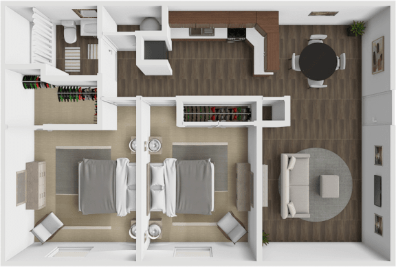 a 3d floor plan of a 2 bedroom 1 bathroom apartments at the Oaks apartments