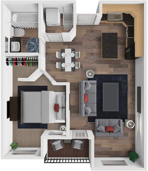 A top-down view of a modern apartment layout with a kitchen, living room, and bedrooms.