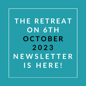a teal background with a white box with the words the retreat on 6 october 23