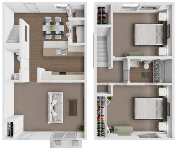 A top-down view of a modern apartment layout with a kitchen, living room, and bedroom.