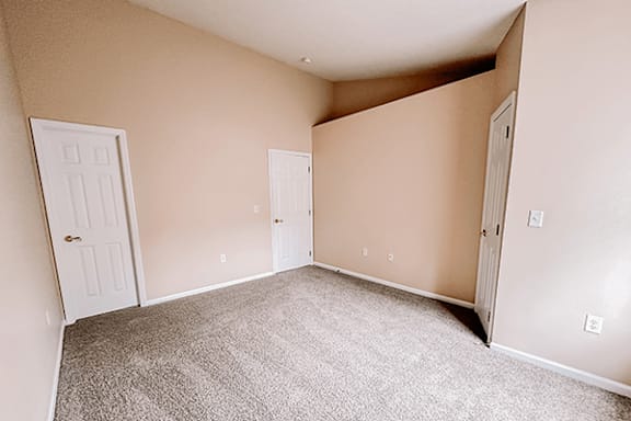 A room with carpeted floor and white doors.