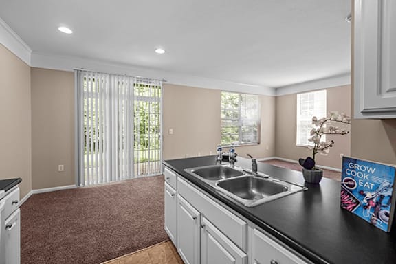 A kitchen with a sink, a window with blinds, and a book titled "Grow Cook Eat".