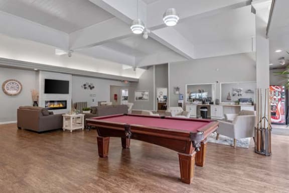 a room with a pool table and couches