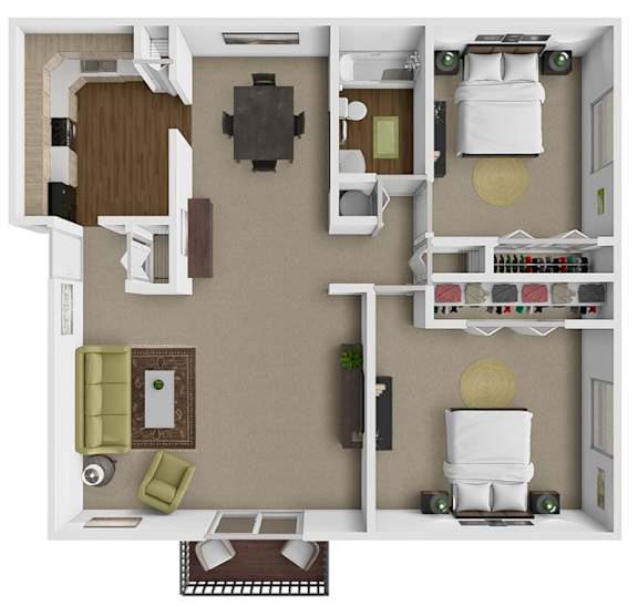 Floor Plan  A 3D floor plan of a 2 bedroom apartment at tiffany woods.