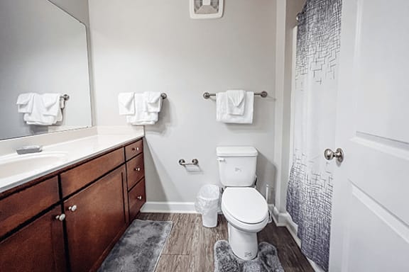 A bathroom with a toilet, sink, and towel racks.