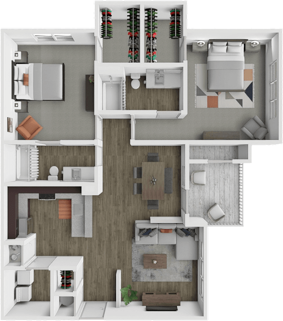 A detailed 3D floor plan of a multi-level apartment.