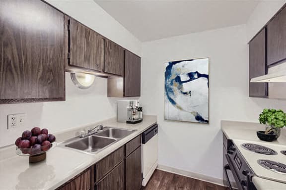 a kitchen with wooden cabinets and a sink and a stove