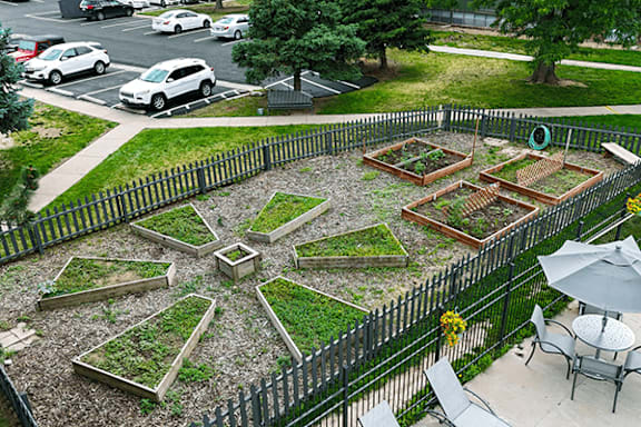 A black fence surrounds a apartment community garden with raised beds.