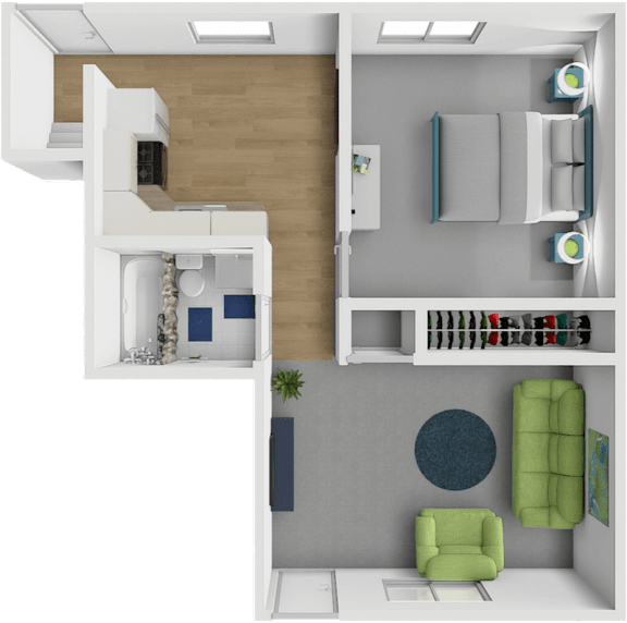 1 bed 1 bath floor plan at Village Square Apartments