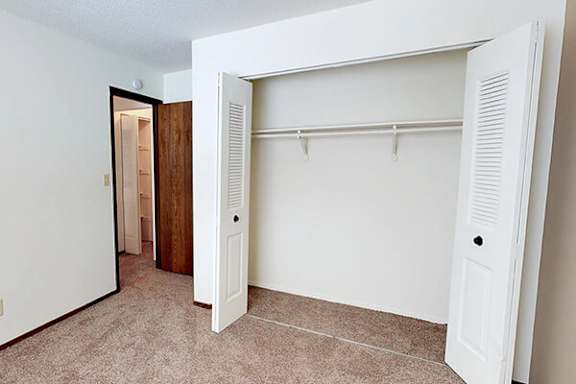 A white closet with a door and a carpeted floor.