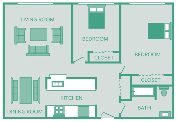 Floor Plan  2 Bedroom 1 Bath    943 sq ft