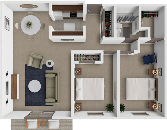 A 3D floor plan of a 2 bedroom 1 bathroom apartment in brooklyn park