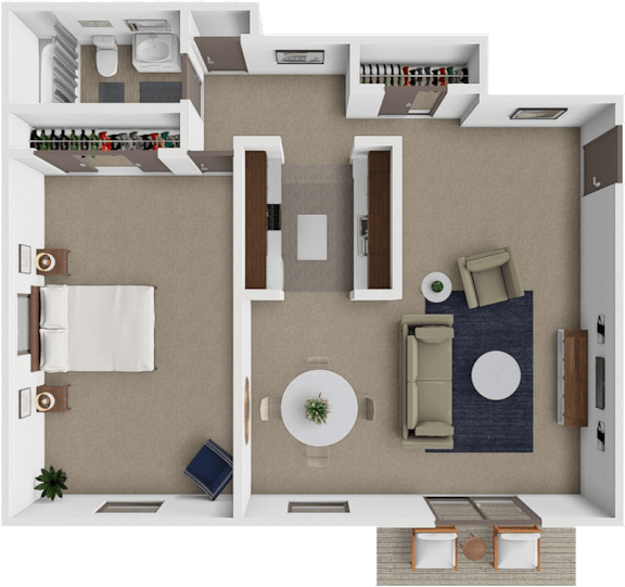 A 3D floor plan of a 1 bedroom 1 bathroom apartment in Brooklyn Park, MN