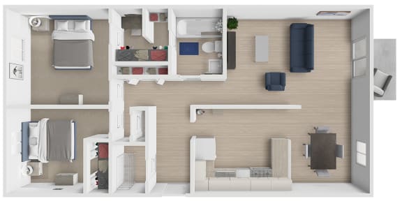 a rendering of a 1 bedroom floor plan with a bathroom and a living room
