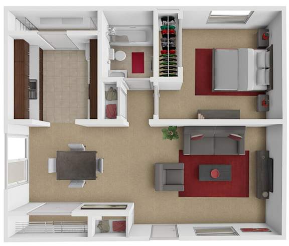 A 3D floor plan of a 1 bedroom apartment at woodland heights