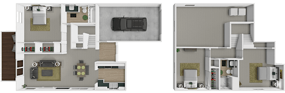 A 3D floor plan of at 2-floor townhouse at Mariposa Townhomes.