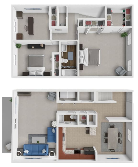 a stylized 3d rendering of a bedroom and living room