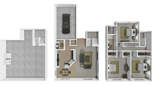 A 3D floor plan of at 3-floor townhouse at Mariposa Townhomes.