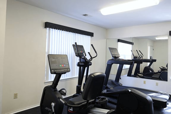 a gym with cardio equipment and a large window